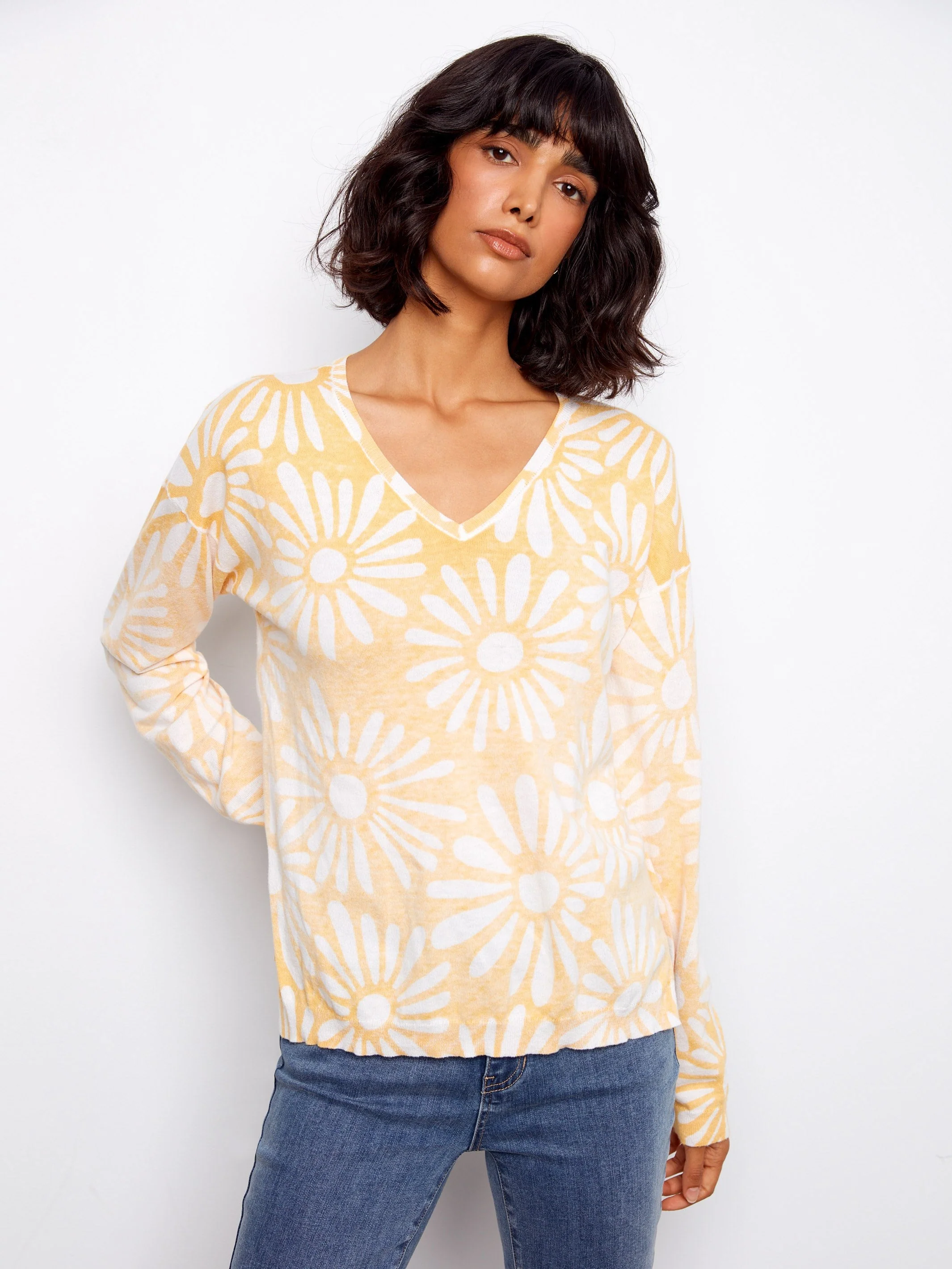 Reversible Printed V-Neck Sweater - Yellow