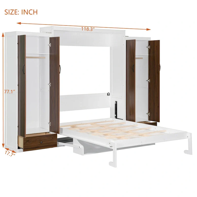 Murphy Bed Wall Bed with Wardrobe, Drawers, LED Light and Desk