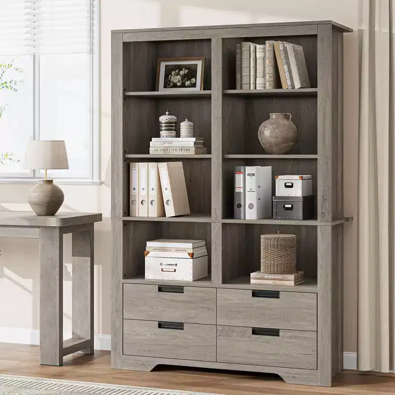 72 Tall Book Shelf with Storage, Farmhouse Floor Standing Bookcase,Book Shelf with 4 Drawers, Freestanding Display Storage Shelves