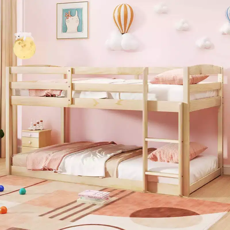 Costway Twin over Twin Low Bunk Bed with Guardrails Integrated Ladder Kids Wooden Grey/White/Beige/Pink