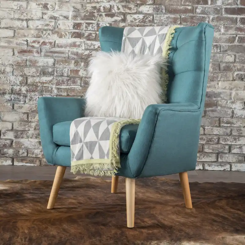 Teal High-Back Wingback Accent Chair, Button-Tufted, Flared Arms, Rubberwood Legs