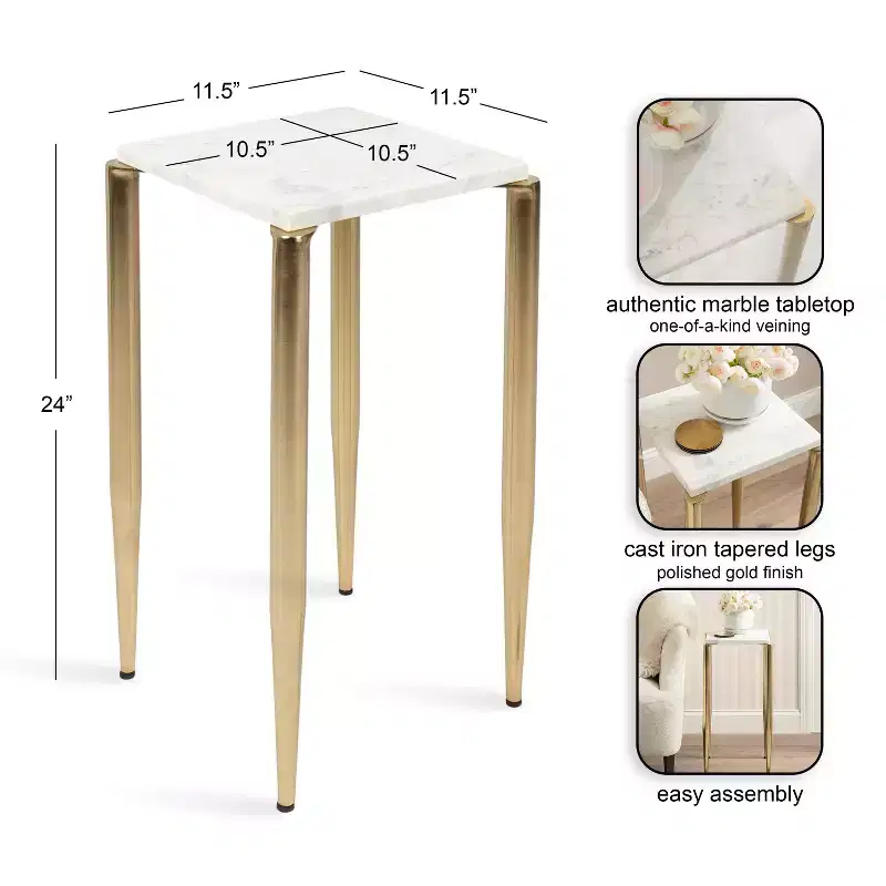 Kate and Laurel LeMaire Marble and Metal Drink Table, White and Gold, 12x12x24