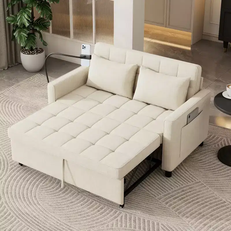 Comfortable Chenille Loveseat Sofa with Pull-Out Sofa Bed