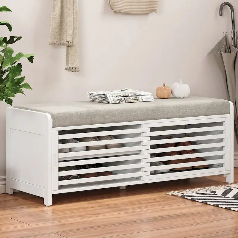 43.30 Solid Wood Storage Bench with Contemporary Distressed Blinds