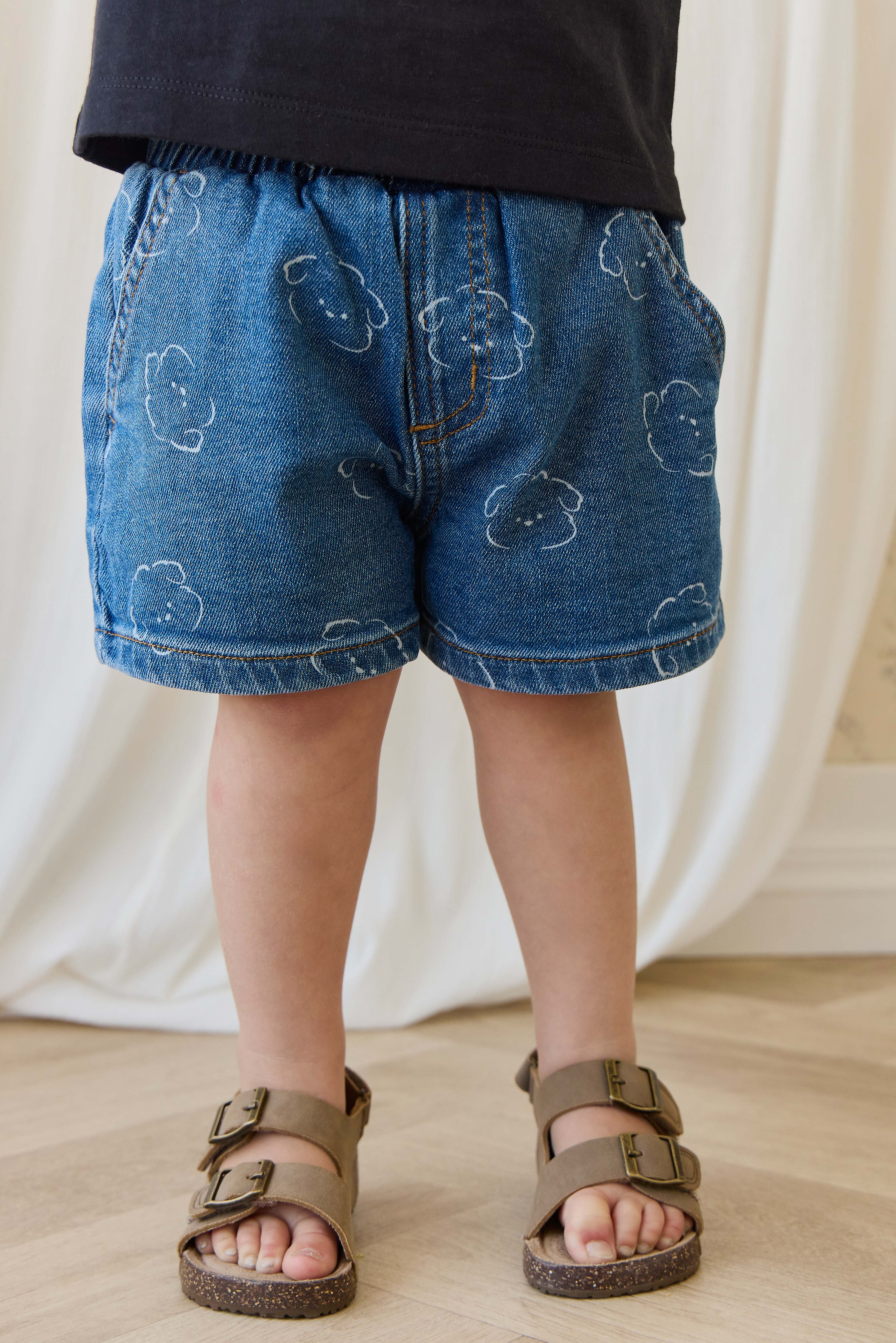 Playful Blue Denim Dog-Print Cotton Short with Elastic Waistband & Pockets for Kids 6M–6Y