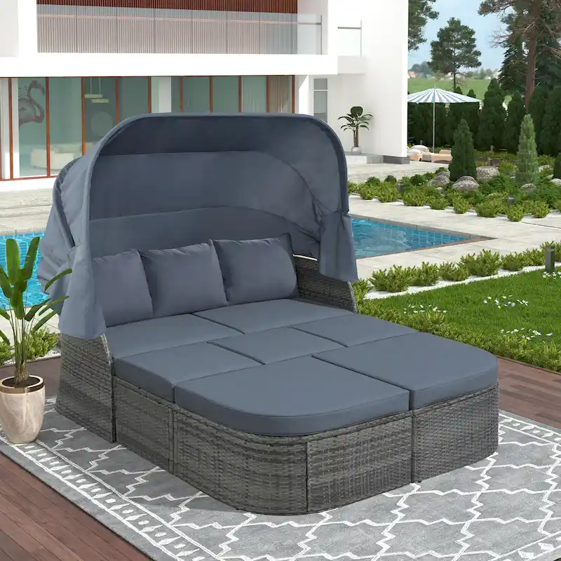 Modular Daybed Sunbed Patio Canopy Bed Wicker Conversation Set