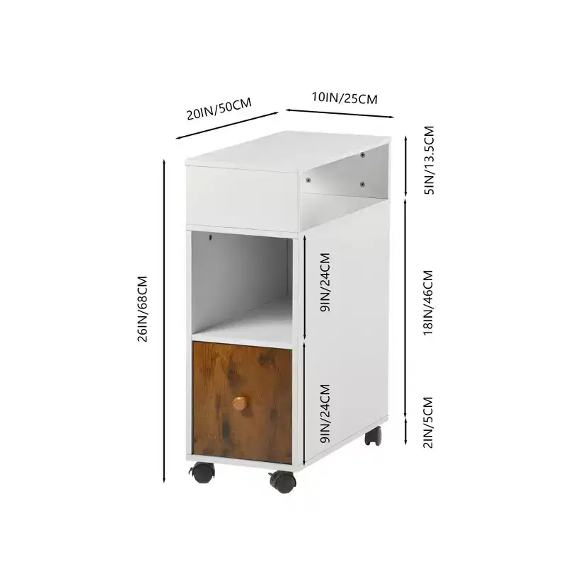 FurnitureR Mobile File Cabinet, Rolling Vertical Filing Cabinet with Drawer & Dual-Sided Storage Shelves, Wooden File Organizer White/Brown