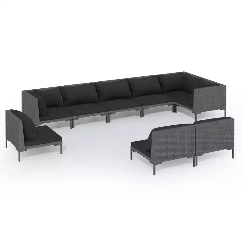 vidaXL Outdoor Patio Lounge Set - 9 Piece Poly Rattan with Cushions in Dark Gray - Sturdy Powder-Coated Steel Frame - Modern Style