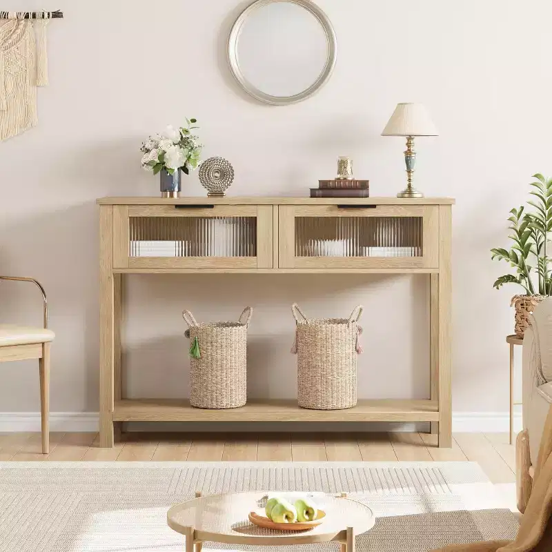 Narrow 2-Tier Console Table with 2 Glass Drawers, Modern Sofa & Entryway Table for Living Room, Hallway Natural