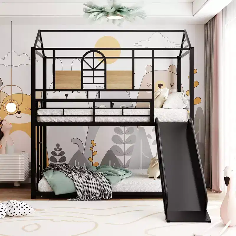 Twin Over Twin Bunk Bed & Housebed, Metal Bed Frame with Slide and Guard Rail, Ages 6+