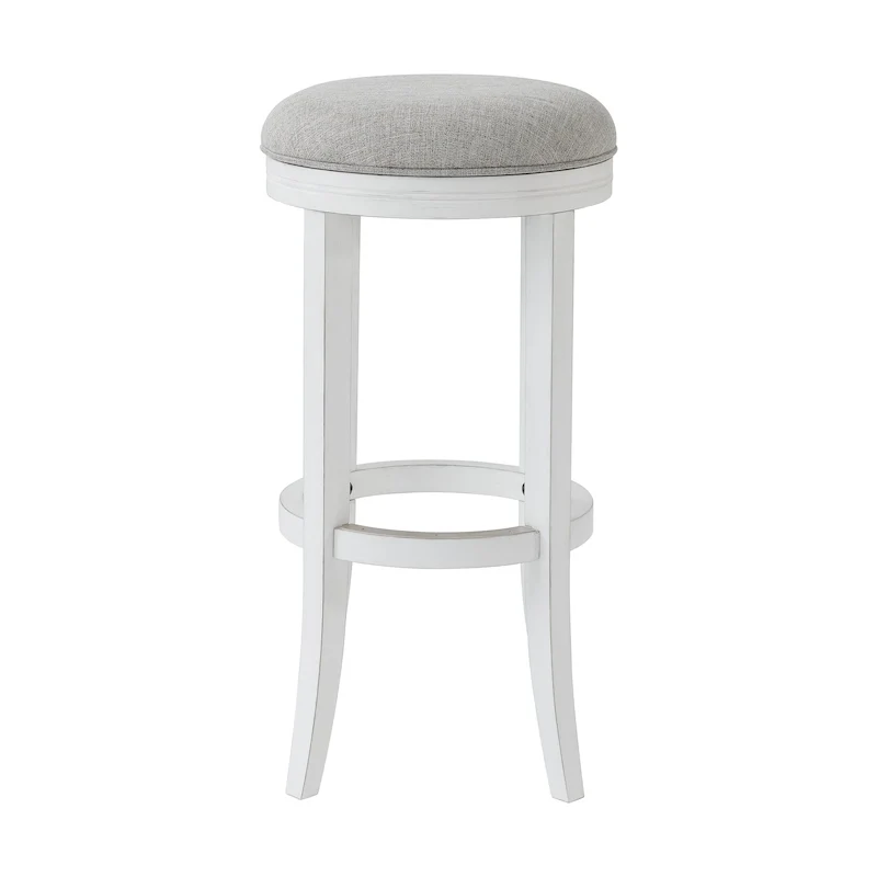 Avery White Wood Backless Swivel Bar Stool, Gray Fabric Seat