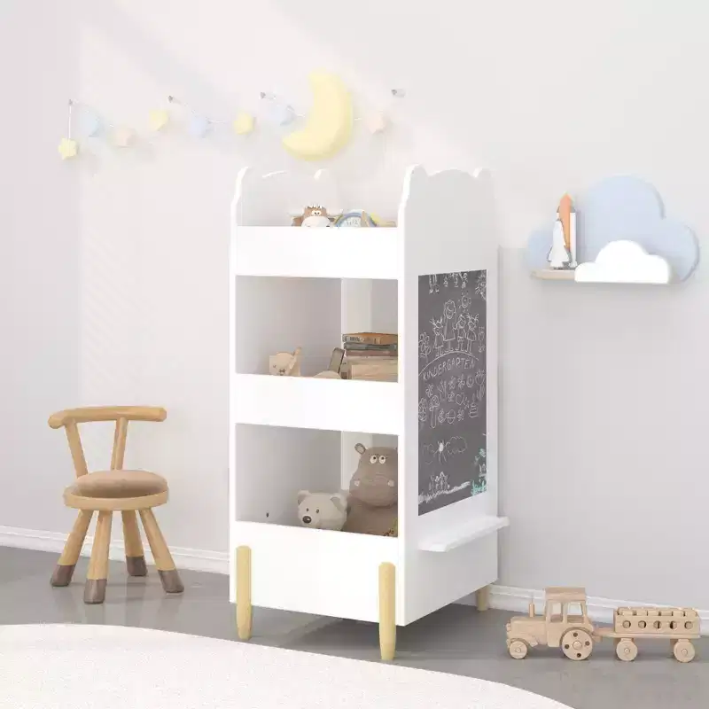 Kids Bookshelf with Chalkboard Side C Bear-Shaped Wooden Bookcase with 3-Tier Storage, Drawing Board for Toddlers