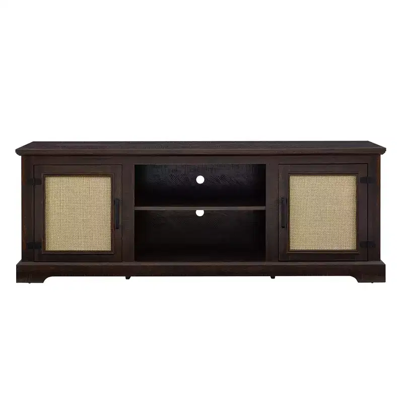 TV Stand Farmhouse, for Screens up to 70, Wood Entertainment Cabinet with 2 Open Shelves & 2 Rattan Doors, Console Table for Living Room