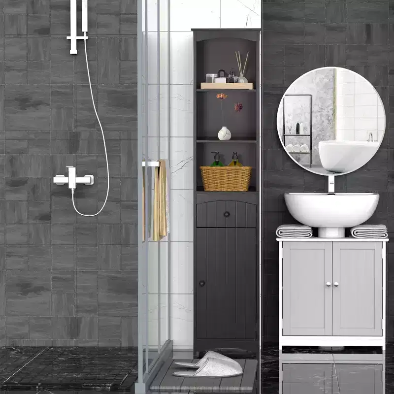 HOMCOM Bathroom Storage Cabinet, Free Standing Bath Storage Unit, Tall Linen Tower with 3-Tier Shelves and Drawer