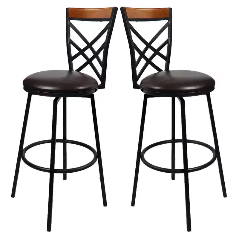 Swivel Metal Kitchen Counter Barstool with Double X Back Upholstered Faux Leather Seat, Espresso and Black,