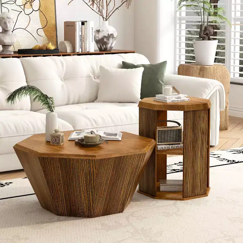 MAYEERTY 31.5 Octagonal Natural Rubber Wood Set of Two Coffee Table for Living Room Bedroom Beige