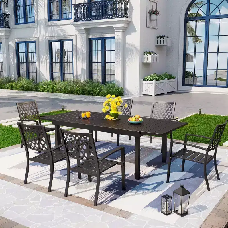 Captiva Designs 7pc Metal Patio Dining Set with Rectangular Expandable Table & 6 Chairs: Outdoor Furniture, Weather-Resistant