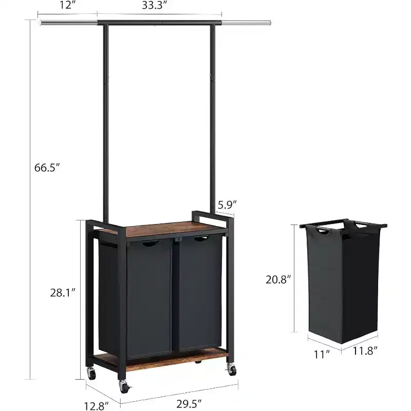 Acekool Rolling Laundry Hamper with Rack, Vintage Metal Clothes Organizer with Shelf for Home Storage
