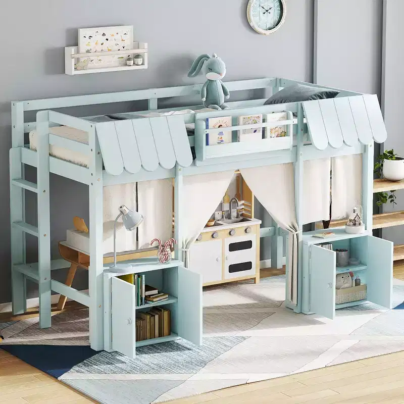 TUYOHW Kids Fairy-Tale Cottage Loft Bunk Bed with Curtain & Storage Shelf,Pine Wood Twin/Full Size House Bed with Built-in Bookshelf & Play Space
