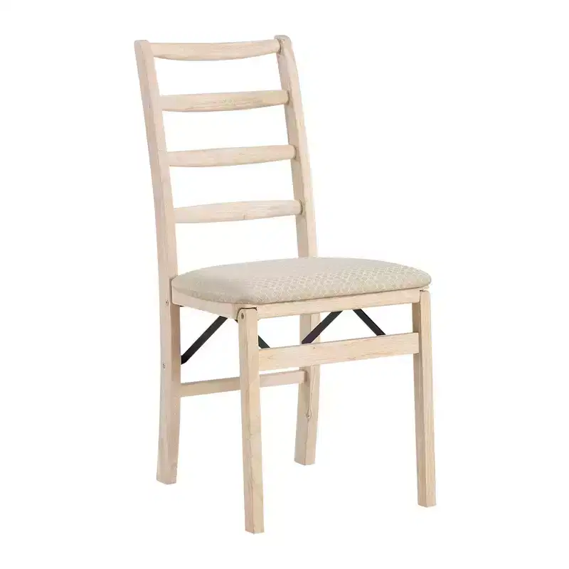 Stakmore Shaker Ladderback Premium Solid Wood Dining Table Folding Chair Set with Fabric Padded Upholstered Seat, Set of 2, Unfinished