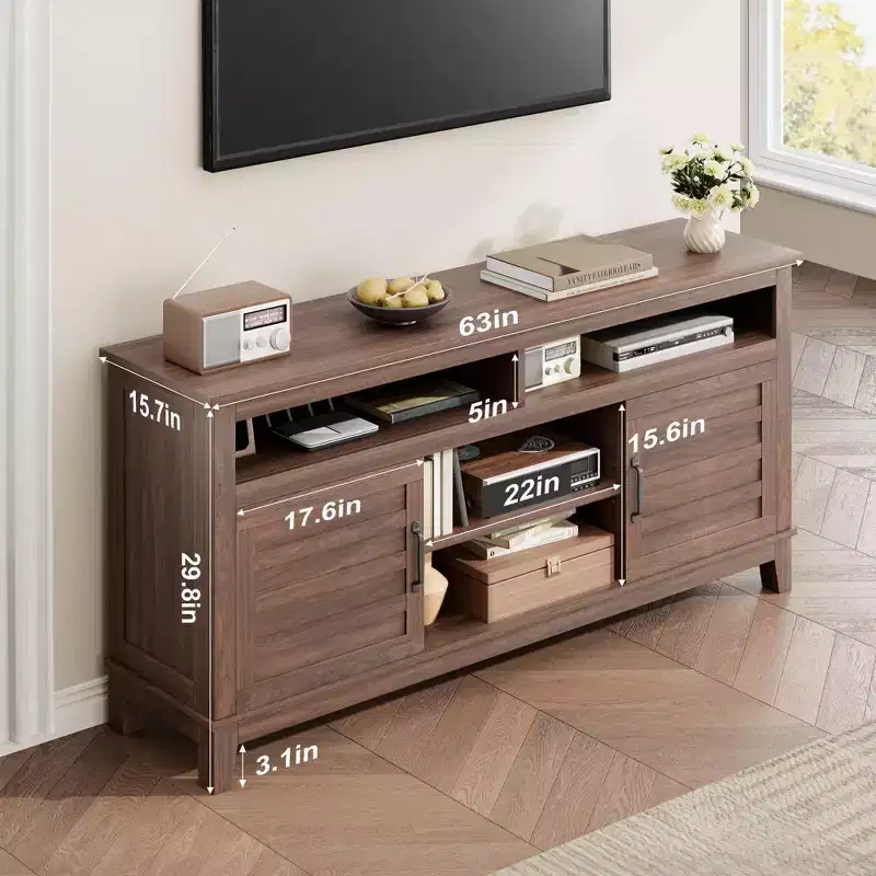 Modern 65 Inch Farmhouse Wood TV Stand,Entertainment Center Console Table, Open Double Door Cabinet & 8 Storage Shelves