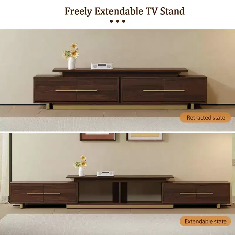 63.4-94.5 Extendable TV Stand for TVs up to 100 Inches, Mid-Century Modern Media Console with Walnut Finish, Stainless Steel Base for Living Room