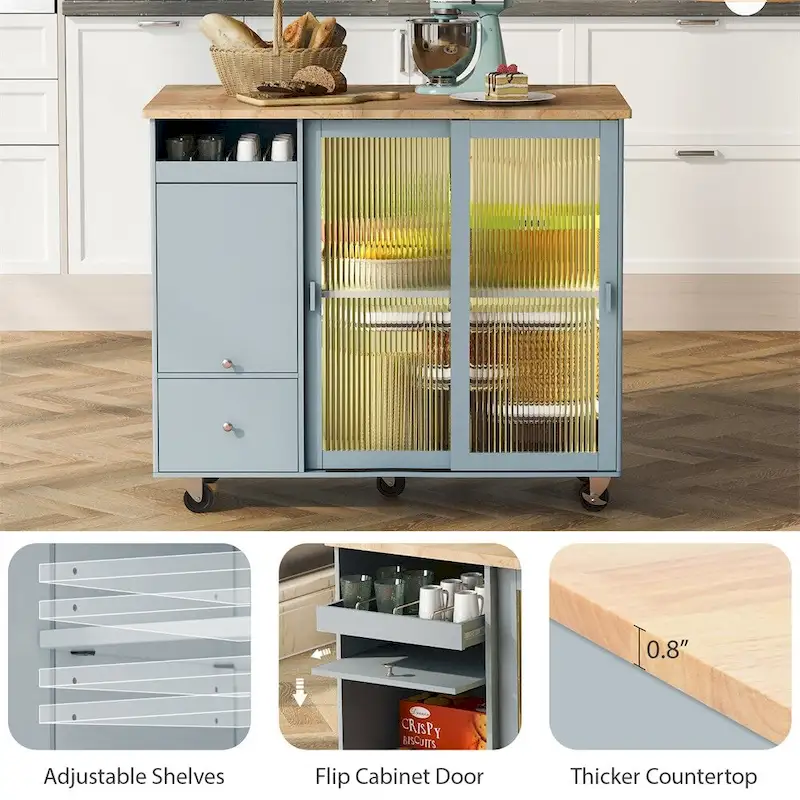 Kitchen Island with Drop Leaf,LED Light Kitchen Cart on Wheels