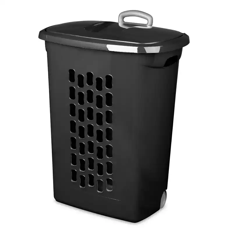 Ultra Laundry Hamper, Wheeled Plastic Clothes Bin with Retractable Secure Grip Handle, Reinforced Rim, and Flip-Top Lid, Black, 18 Pack