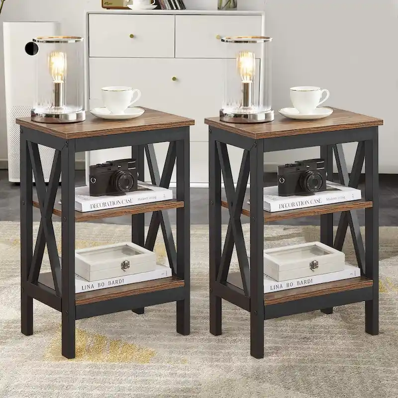 Modern Side Tables with 3-tier Storage Shelves, X-Shaped Nightstand