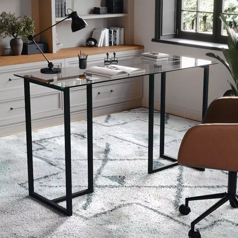 Home Office Glass Top Desk with Metal Frame