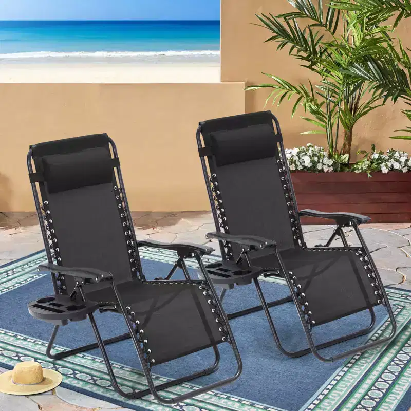 EROMMY Set of 2 Zero Gravity Lounge Chairs, Folding Reclining Patio Chairs with Cup Holder & Headrest