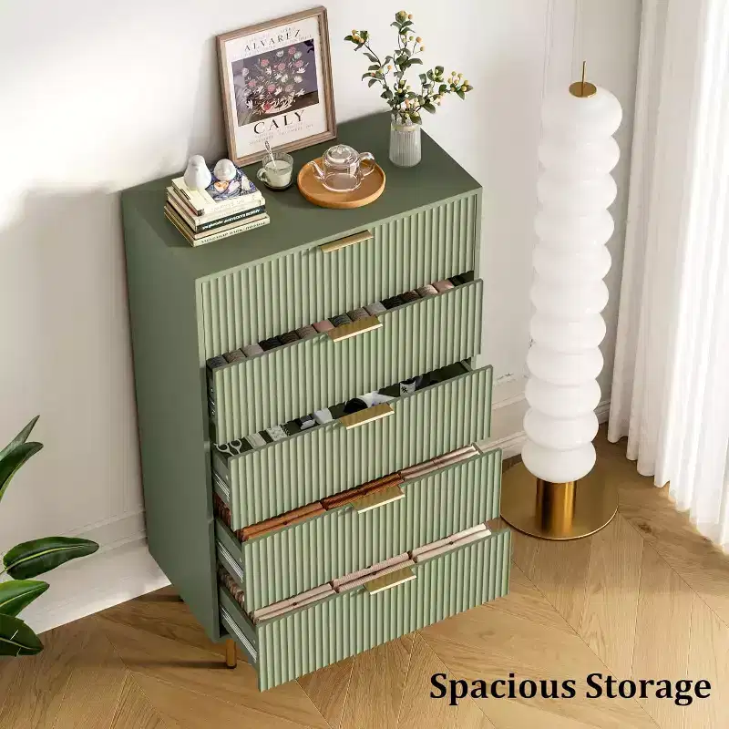 5 Drawer Dresser, Tall Modern Chest with Fluted Panels & Wide Gold Handles, Bedroom Storage Organizer for Closet, Living Room, Entryway