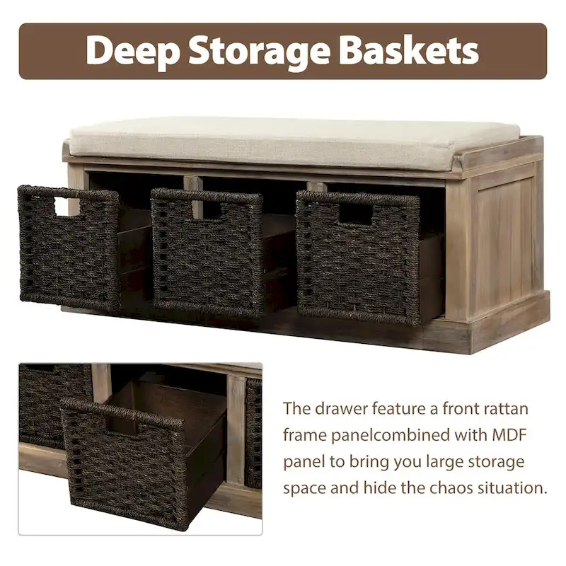 Entryway Bench with 3 Removable Rattan Baskets