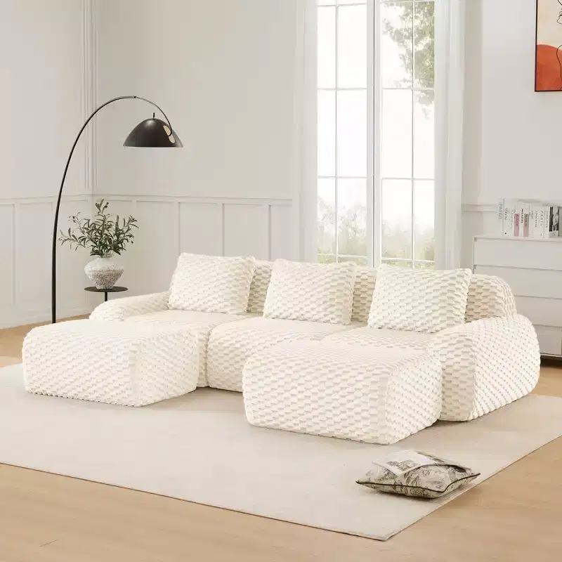146 Modular Sectional Sofa Flannelette 4-Seater Deep Seat Buckle No Assembly Cream