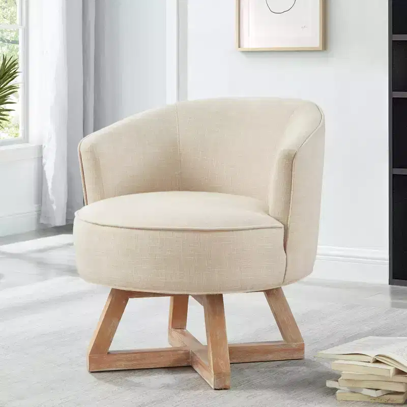 360 Swivel Chair, Linen Lounge Chair with Cross-shaped Wood Base, Armchair for Living Room, Bedroom, Office