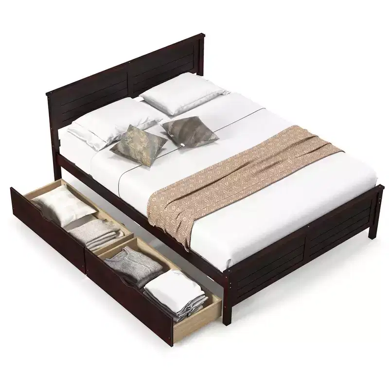 Costway Full Size Wooden Bed Frame with 2 Storage Drawers & Under-bed Storage Espresso