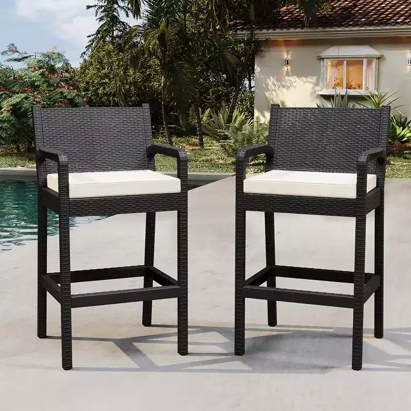 Outdoor Wicker Bar Stools Set of 2 - 30 Bar Height, 330 LBS Capacity, Thick Cushions, All-Weather Rattan for Patio & Pool