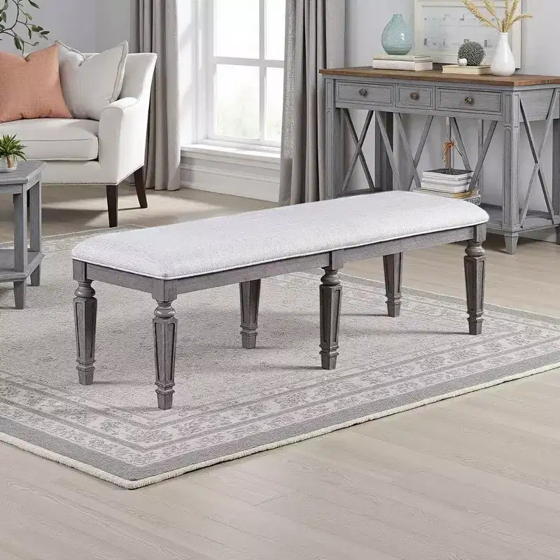 Dining Bench with Turned Legs, 64 Inch Gray Wood and Fabric