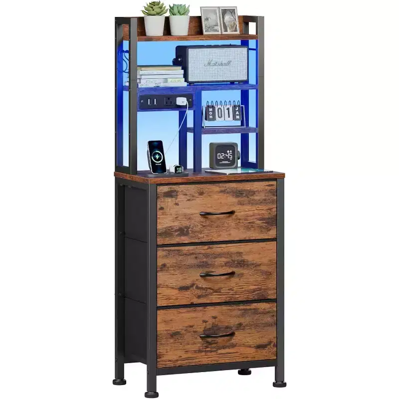 Qwatto 45.3in Tall Bedside Table with USB Charging Station and Light 3 Fabric Drawer Nightstand Bookshelf for Small Space Bedroom Dorm Brown Finish