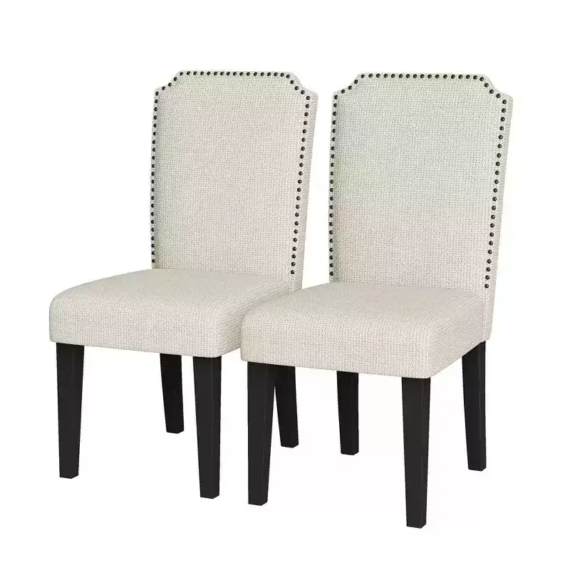 2PCS Upholstered Padded High Back Dining Chair with Wooden Legs, Modern Fabric Side Chair with Nailhead Trim, for Dining Room Kitchen