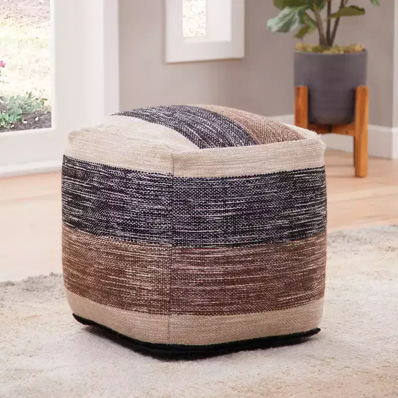 Square Handwoven Pouf Beige/Brown/Black