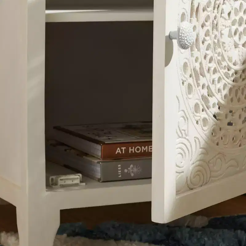 Off-White Square Nightstand with 2 Shelves & 1 Door – 1 Person