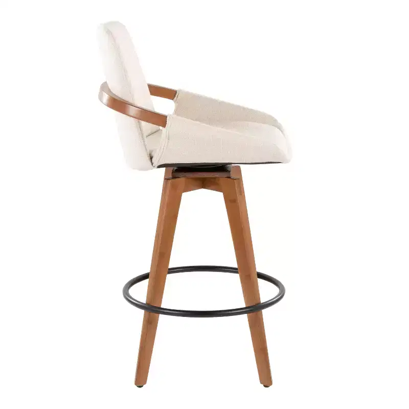 Mid-Century Counter Height Barstool, Walnut Bamboo Frame, Cream Fabric, 360° Swivel