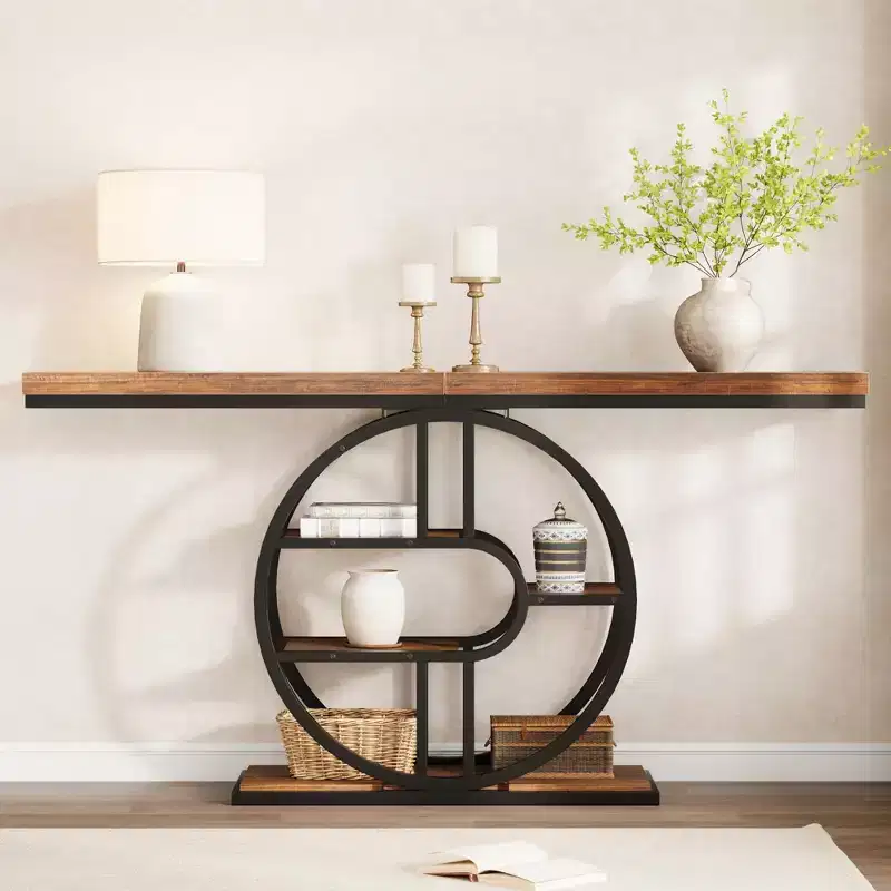 55'' Console Table for Entryway, Industrial Hallway Sofa Table with Storage Shelves, 5-Tier Narrow Accent Table with Circle Storage Shelves