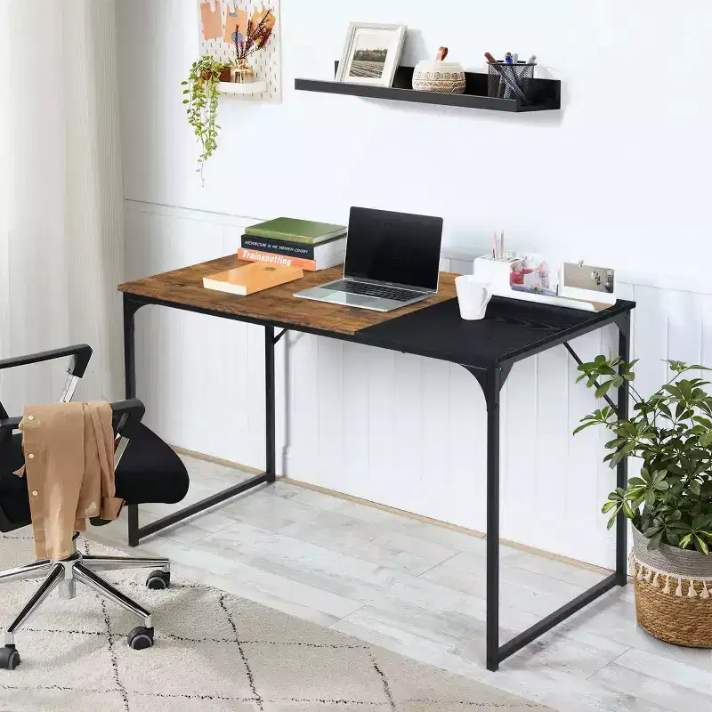 urnitureR 47.2 Home Office Table Simple Computer Desk Laptop PC Writing Sturdy Metal Frames for Study Room, Brown&Black