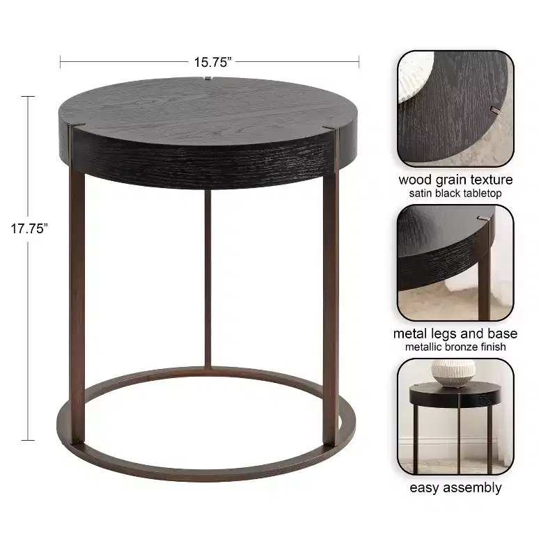 Round Side Table, Wood and Metal, 16x16x18, Black