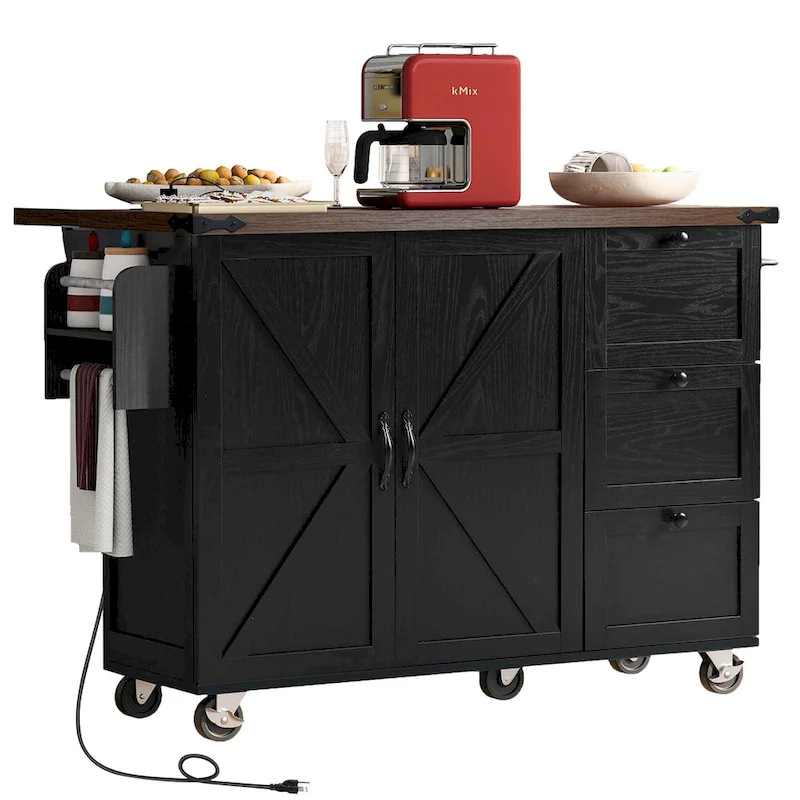 Farmhouse Kitchen Island with Power Outlet and Rolling Cart