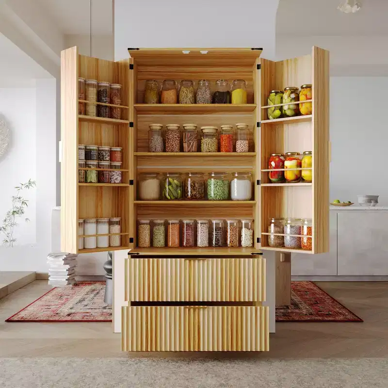 Wood-Tone Magnetic Door Kitchen Pantry Cabinet, Adjustable Shelves & Drawer Storage