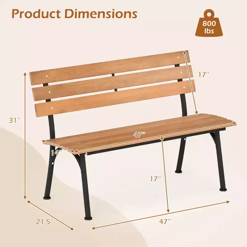Costway Acacia Wood Patio Loveseat with Heavy Duty Metal Frame, Slatted Backrest and Seat Natural + Black