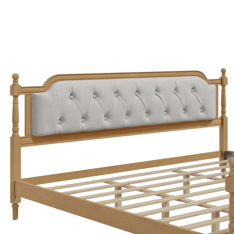 Solid Wood Bed Frame with Upholstered Tufted Headboard – No Box Spring Needed
